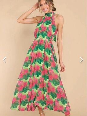Palms Away Vacation Resortwear, Tropical Maxi Dress in Floral Leaf Print, Size M